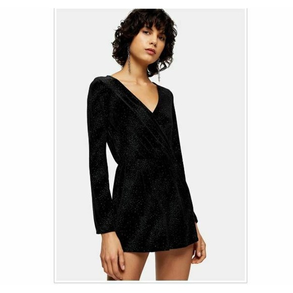 Topshop Pants - Topshop Romper Shorts Black Green Velvet Long Sleev
